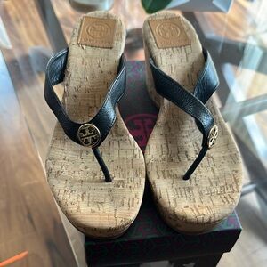 Tory Burch Black Cork Wedge Sandals